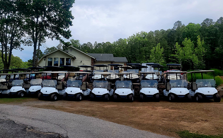 Row of golf carts in front of cart path